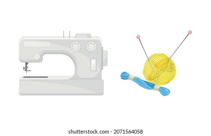 Sewing tools set. Embroidery and knitting needlework supplies vector illustration