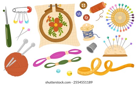 Sewing tools set. Needles, scissors, yarn, sewing machine, buttons, spools, threads etc. Needlework concept. Hand draw vector illustration isolated on the white background