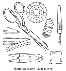 Sewing Tools Set, One Line Drawing, Single Continuous Line Sketch