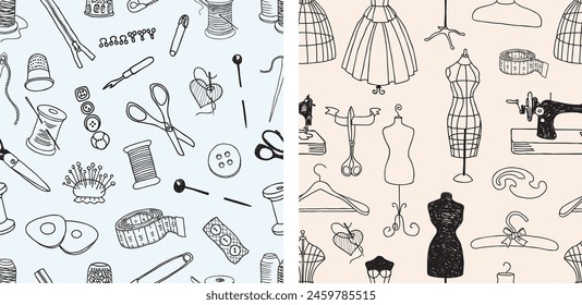 Conjunto de herramientas de costura, patrón sin fisuras, dibujos de contorno, atelier, moda, costura, fondo de Vector, Fondo de pantalla, papel