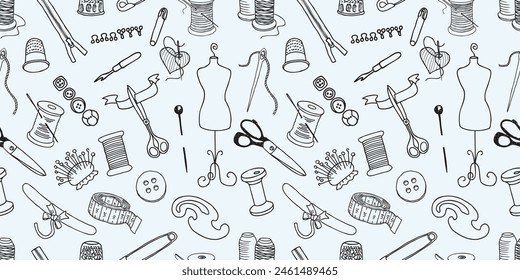 Sewing tools set, seamless pattern, atelier,fashion, contour drawings, dressmaking, vector background,wallpaper,paper