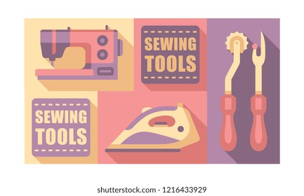 Sewing tools set, tailoring and dressmaking craft elements vector Illustration