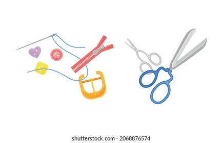Set für Nähwerkzeuge. Reißverschluss, Knöpfe, Schere, Schneiderware, Vektorgrafik