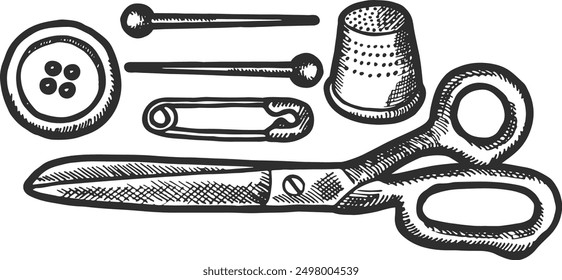Sewing tools sketch. Tailor hand drawn equipment
