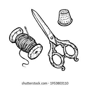 Sewing Tools, spool of thread, antique scissors,  thimble. Hand drawn, sketch vector illustration