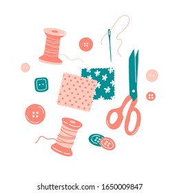 Sewing tools - spools of thread, needle, textile patches, fabric flap, buttons, shears, scissors. Cute hand drawn flat vector illustration isolated on white. Decorative elements for card, brochure.