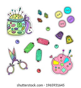 Sewing tools stickers set. Sewing doodles, patches, pins isolated on white background. Colorful vector illustration with sewing tools design.