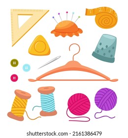 Sewing tools and tailor equipment. Beautiful frabic, hanger, cloth, chalk, tape measure design elements. drawing flat cartoon style on white background Vector illustration