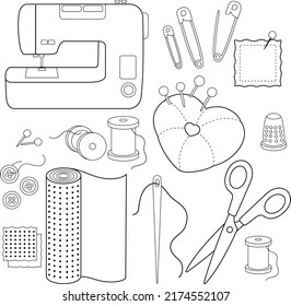 Sewing tools and tailor needlework accessories. Vector black and white coloring page.