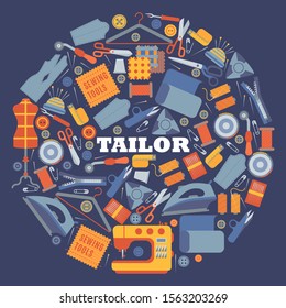 Sewing tools and tailoring accessories in round frame composition, vector illustration. Dressmaking atelier icons in flat style, tailor shop items, professional sewing service brochure cover design