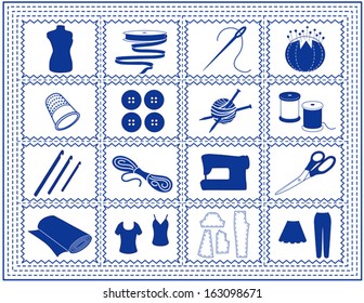 Sewing tools for tailoring, dressmaking, needlework, quilting, darning, textile arts, knit, crochet, do it yourself fashion crafts, hobbies, blue stitch zig zag border frame. EPS8 compatible. 
