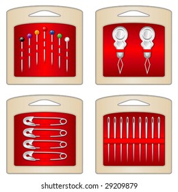 Sewing Tools for tailoring, quilting, embroidery, needlework, fashion, DIY craft, hobby: safety pins, silver needles, glass head straight pins, needle threaders, red display cards. EPS8 compatible.