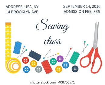 Sewing tools, thread and buttons. Invitation for sewing class. Vector illustration