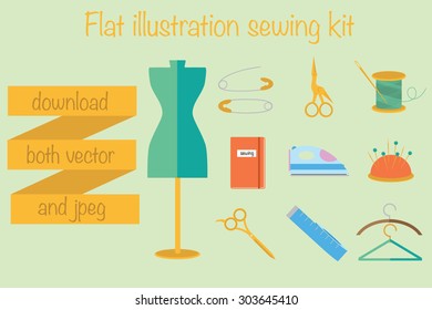 Sewing tools. Vector illustration. Tailor, fashion designer, needlework, tailoring, sewing, ironing, measure, measuring. Hand made. Flat illustrations. Creative.