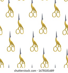 Sewing tools vector seamless pattern - heron scissors. Sewing kit, equipment for sewing. Seamless background with sewing tools for wrapping paper, fabric, textile.