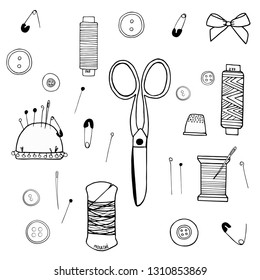 Sewing tools  vector set+ monochrome ink drawing of scissors, sewing thread, embroidery thread, pins and buttons.  Suitable for crafts, handmade