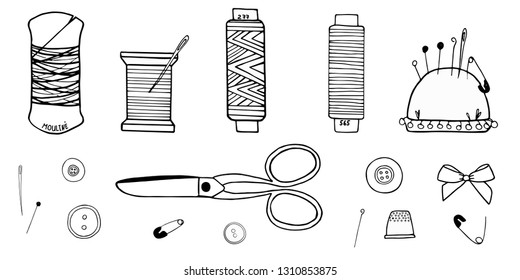 Sewing tools  vector set+ monochrome ink drawing of scissors, sewing thread, embroidery thread, pins and buttons.  Suitable for crafts, handmade