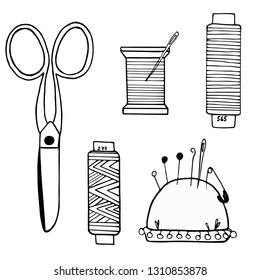 Sewing tools  vector set+ monochrome ink drawing of scissors, sewing thread, embroidery thread, pins and buttons.  Suitable for crafts, handmade