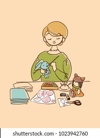 sewing toys girl vector illustration character