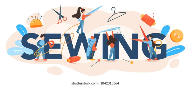 Sewing typographic header. Professional master sewing clothes. Dressmaker working on knitting machine, ironing and taking measurements. Creative atelier profession. Vector illustration