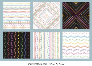 Sewing various fabric stitches seamless colorful pattern set of vector illustrations on white and black background. Sewing seam lines and borders endless texture.