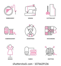 Sewing vector icons set, outline style. Editable stroke