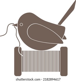 Sewing vector illustration of a bird on a spool of thread. Flat elements for sewing workshop, tailoring atelier. Hand stitched bird logo, spool of thread, thread.