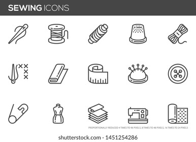 Sewing vector line icons set. Needlework, stitching, sewing machine, measuring tape, wool. Editable stroke. Perfect pixel icons, such can be scaled to 24, 48, 96 pixels.