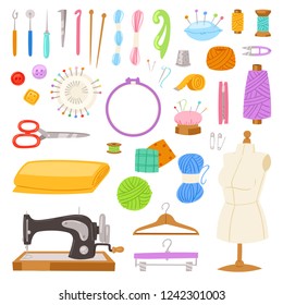Sewing vector tailor tools sew needle thread scissors fabric spool design for tailoring hobby illustration fashion set of sewer needlework dressmaking accessories isolated on white background