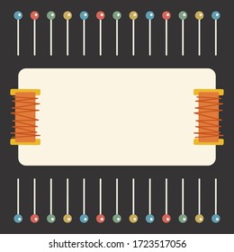 Sewing vector tamplate with threads and pins. Place for your text. Tailor elements page for note book, scrapbooking paper, sew shop sale coupons, social network post, banners.