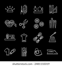 Costura, iconos de línea blanca. Herramientas de costura y agujas. temas de artesanía y textiles. Símbolos sobre fondo negro. Trazo editable.