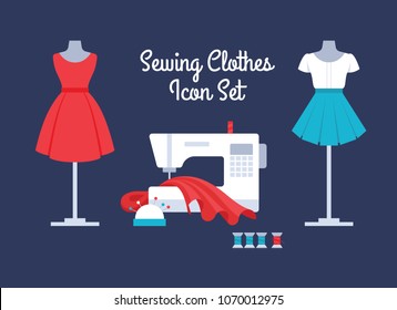 Sewing women's clothes vector set: red dress, white top and short blue pleated skirt. Sewing machine in atelier with cloth, colorful threads and pins in needle bar. Flat icons of apparel. 