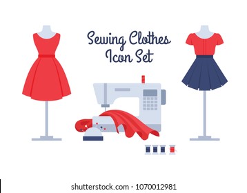 Sewing women's clothes vector set: red dress, red blouse and short dark skirt. Sewing machine in atelier with cloth, colorful threads and pins in needle bar. Flat icons of apparel.