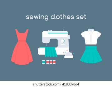 Sewing women's clothes vector set: red dress, white shirt and short green skirt. Sewing machine in atelier with cloth, colorful threads and pins in needle bar. Flat icons of apparel.