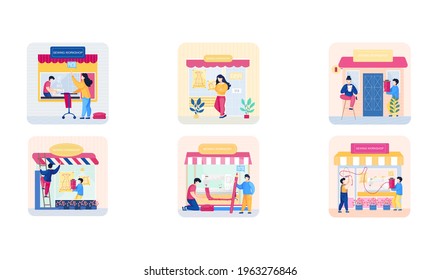 Sewing workshop. Atelier building facade with awning and big showcase window, modern fashion professional tailor shop. Seamstress sews pattern of clothes. Dressmaker makes dress model scenes set