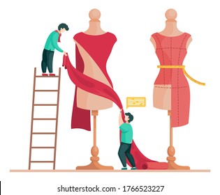 Sewing workshop, atelier, custom clothing. Big mannequins with measuring tape and tiny man seamstress standing on the stairs and measuring the dress on the mannequin. Flat design vector illustration