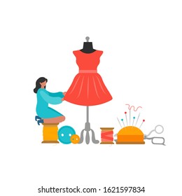Sewing workshop, atelier, fashion design concept with small people characters. Huge mannequin, sewing Needle, scissors, threads. Vector illustration can for use logo, website template, poster