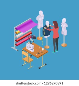 Sewing workshop, atelier and seamstress or designer isometric vector illustration