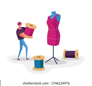 Sewing Workshop and Atelier Worker Concept. Tailor or Dressmaker Profession, Man Character Holding Skein Thread at Huge Dummy. Textile Clothing Manufacturing, Fashion. Cartoon Vector Illustration