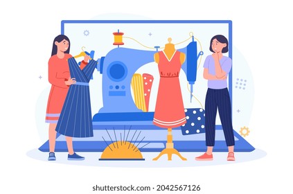 Sewing workshop concept. Women work in atelier, sew dresses and other clothes. Employees sew clothes for customers to order. Cartoon modern flat vector illustration isolated on white background