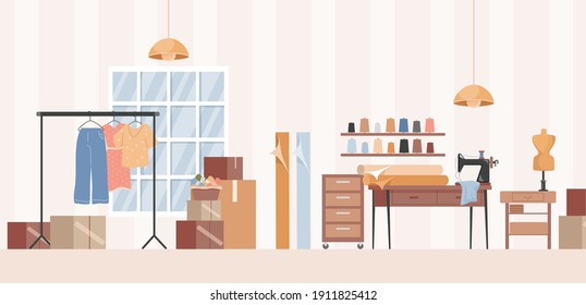 Sewing workshop, dressmaker studio, or clothes atelier interior design vector flat illustration. Sewing machine, female mannequin, textile and fabric, boxes with equipment for sewing clothes.