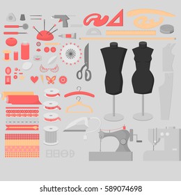 Sewing workshop equipment big set. Flat tailor shop design elements. Tailoring industry dressmaking tools icons. Fashion designer sew items  vector illustration