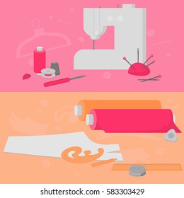 Sewing workshop equipment. Flat tailor shop design elements. Tailoring industry dressmaking tools icons. Fashion designer sew items horizontal banner vector illustration