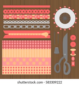 Sewing workshop equipment. Flat tailor shop design elements. Tailoring industry dressmaking tools icons. Fashion designer sew items top view vector illustration