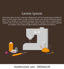 Sewing workshop equipment. Flat tailor shop design elements. Tailoring industry dressmaking tools icons. Fashion designer sew items template vector illustration