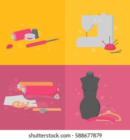 Sewing workshop equipment. Flat tailor shop design elements. Tailoring industry dressmaking tools icons. Fashion designer sew items banner  vector illustration