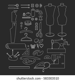 Sewing workshop equipment. Outline tailor shop design elements. Tailoring industry dressmaking tools icons. Fashion designer sew items vector illustration