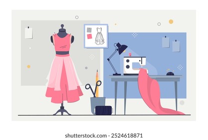 Equipamento para oficinas de costura. Vestido rosa no manequim. Alfinete para costureira. Estúdio ou oficina. Costureira ou equipamento de alfaiate. Ilustração de vetor plano isolada no plano de fundo branco