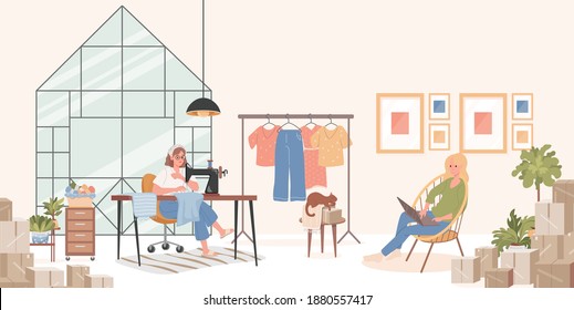 Sewing workshop interior concept. Tailor or dressmaker sews clothes on sewing machine, young smiling woman sitting in comfortable armchair and working on laptop vector flat illustration.