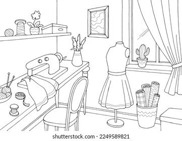 Sewing workshop interior graphic black white sketch illustration vector 